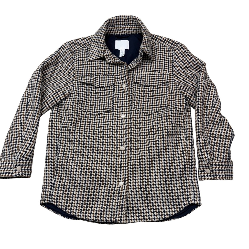 H&M Houndstooth Shacket Brown Navy Blue Plaid Snap Front Shirt Jacket XS